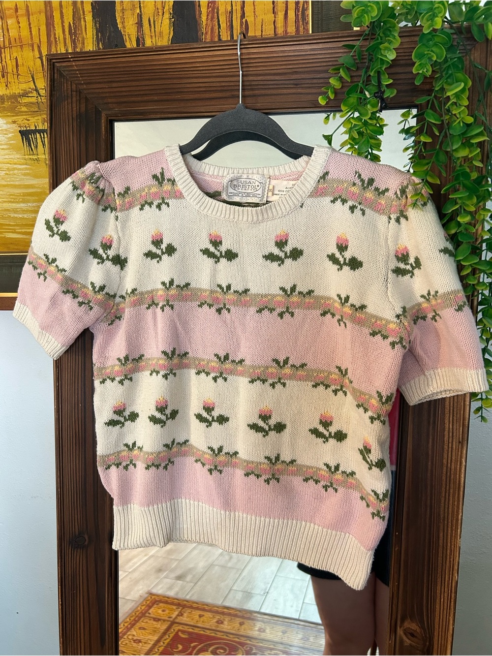 Floral Knit vintage cottage-core feme Short-Sleeve Sweater - Pink & Cream